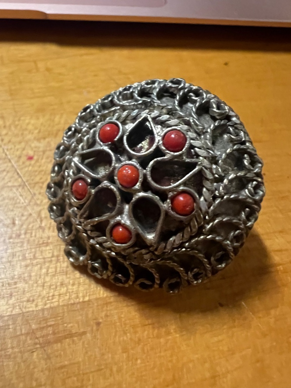 Vintage Himalayan Tibetan-Silver Dome Ring; Handmade Filagree, Coral Inset